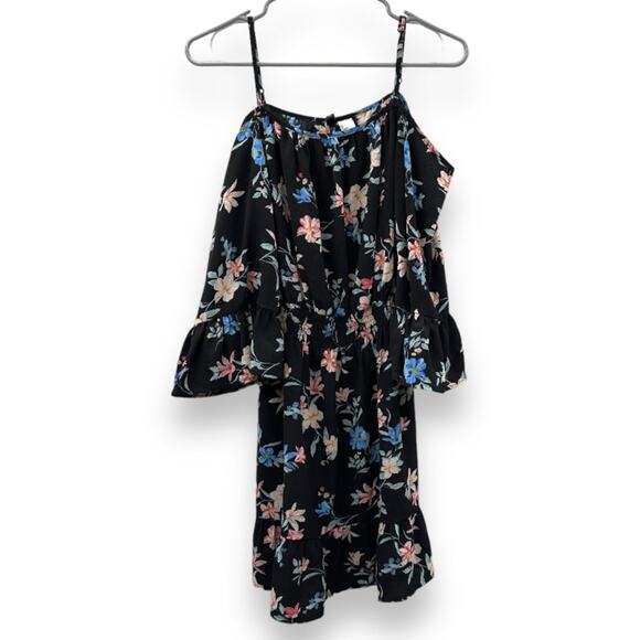 H&M Divided Black Multicolor Floral Cold Shoulder Long Bell Sleeve Mini Dress 4 - Picture 1 of 8